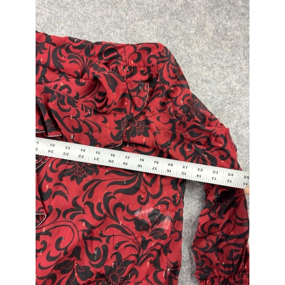 Chicos Women's 14 2.5 Red Sheer Ruffle Blouse Red Floral Sequin Dark Academia - Picture 6 of 7